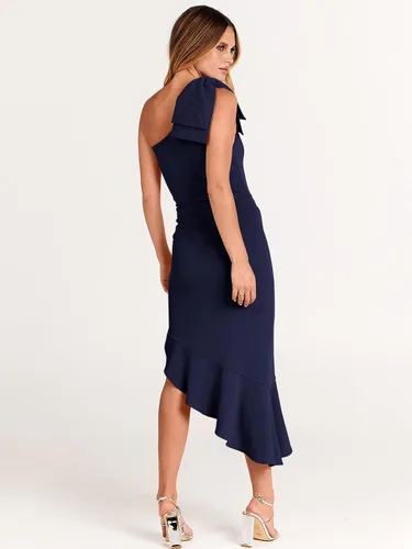 Miniatura 6 de ANRABESS Vestido formal midi de un hombro para mujer, sin mangas, ajustado, con volantes, vestido de sirena para invitada de boda