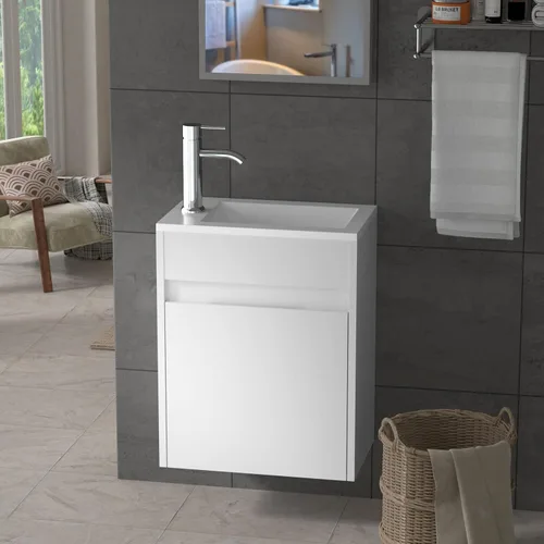 Miniatura 8 de UEV Tocador de baño pequeño de 16 pulgadas, mezclado en blanco y negro, montado en la pared con fregadero de cerámica y grifo negro esmerilado P-Trap