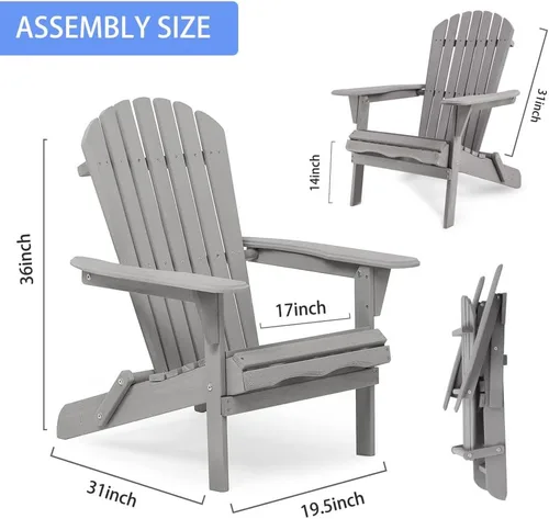 Miniatura 3 de Solid Wood Folding Adirondack Chair for Outdoor Patio Garden Deck Lounge - Comfortable Wooden Lawn Chair with Wide Armrests