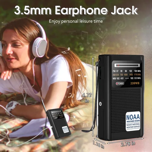 Miniatura 4 de Greadio NOAA Radio Meteorológica, Conector de Auriculares Estéreo, Radio Transistor Portátil AM/FM Operada por Batería con la Mejor Recepción