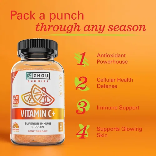 Miniatura 4 de Zhou Gomitas de vitamina C + - Gomitas de vitamina C para adultos y niños, 270 mg por gomita con bioflavinoides y acerola para apoyo inmunológico