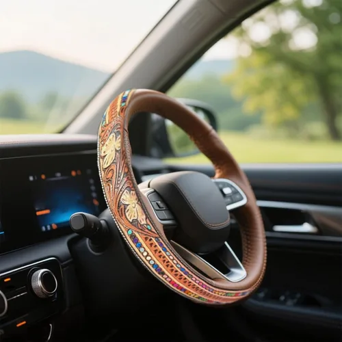 Miniatura 5 de Funda para volante de automóvil occidental de cuero troquelado estilo retro vaquero, accesorio universal de 15 pulgadas antideslizante para SUV