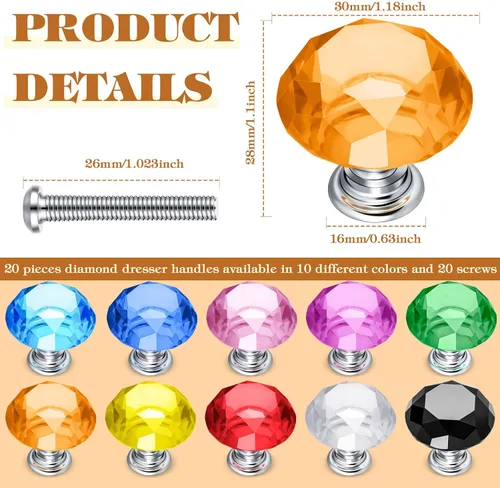 Miniatura 2 de Qunclay 20 pomos de cristal para gabinetes de 1.181 in, tiradores de cajones coloridos en forma de diamante, manijas de tocador para muebles