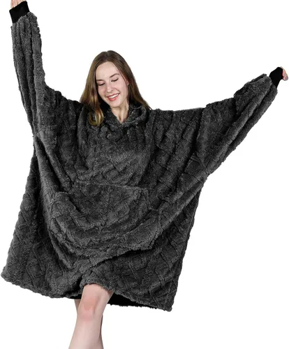 Miniatura 11 de Sudadera tipo manta portátil para niños, de gran tamaño, con capucha, de sherpa, con bolsillo en la capucha y mangas, para niños pequeños, lindas