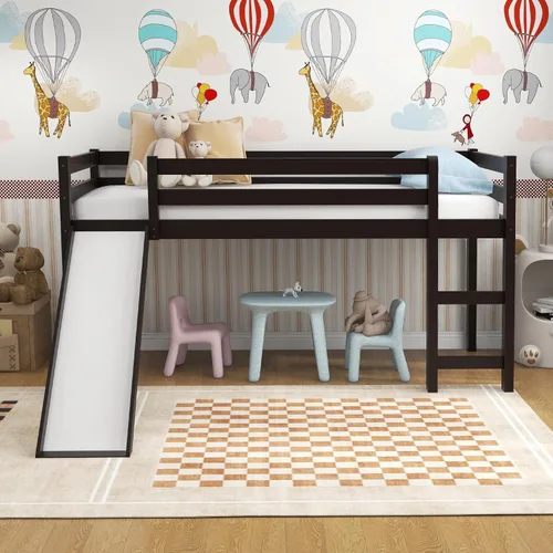 Miniatura 3 de Giantex Cama alta individual con tobogán, cama baja de madera para niños, escalera de escalada y espacio de almacenamiento, cama individual
