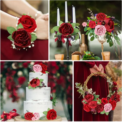 Miniatura 4 de AmyHomie Flores Artificiales Rojas Combo Mezcla de Seda Peonía Rosa Flores Falsas con Tallo para el Día de San Valentín DIY Ramos de Boda Centros