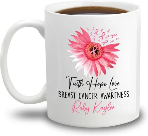 Miniatura 13 de Taza de café de concientización sobre el cáncer de mama con nombre personalizado, taza de café de 11 onzas, taza de té de cerámica blanca
