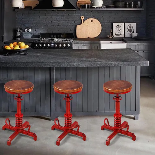 Miniatura 7 de Topower Industrial Retro Vintage Farm Asiento de madera Tractor Taburete Cocina Giratorio Altura Ajustable Taburete de bar Rojo Antiguo
