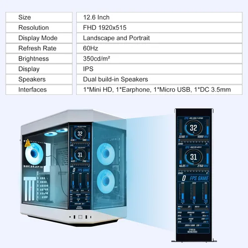 Miniatura 4 de GeeekPi monitor LCD táctil IPS de 12.6 pulgadas FHD 1920x515, pantalla de visualización, compatible con la carcasa de PC Hyte Y60, CPU, GPU, panel