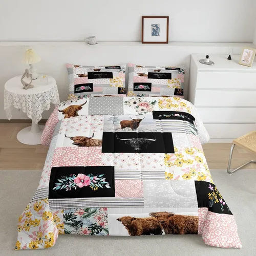Juego de ropa de cama de vaca de las tierras altas, edredón de ganado de las tierras altas, juego de edredón rosa floral de vaca occidental, juego