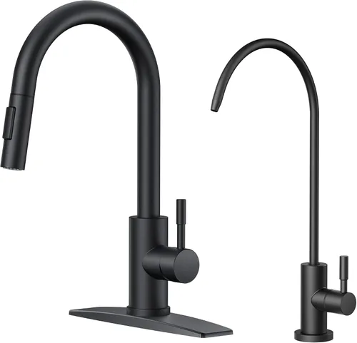 Miniatura 11 de FORIOUS Grifo de cocina con rociador desplegable, níquel cepillado, arco alto, moderno, clásico, grifo de fregadero de acero inoxidable con placa