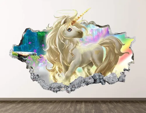Calcomanía de pared de unicornio, decoración 3D aplastada para niños, calcomanía de fantasía mural para guardería, regalo BL05 (30 pulgadas de ancho