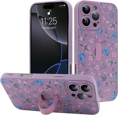 Miniatura 14 de Funda diseñada para iPhone 17 Pro Max con soporte plegable y correa para dedos, bonito patrón de lazo de corazón de flor rosa para mujeres y niñas