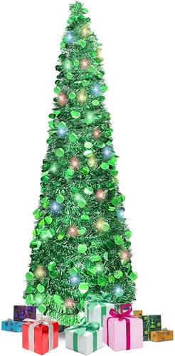 Árbol de Navidad de 5 pies tipo lápiz, árbol artificial plegable con lentejuelas, árbol de Navidad tipo lápiz delgado con escarcha, árbol de Navidad