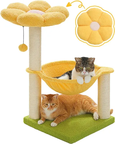 Miniatura 10 de MUTTROS Árbol de flores para gatos, torre para gatos de 28 pulgadas con acogedora percha de flores, hamaca grande para gatos pequeños