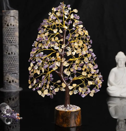 Miniatura 4 de Árbol de la vida de cristal de amatista y citrina, hecho a mano; árbol del dinero feng shui de piedras preciosas, decoración de cristal, regalo