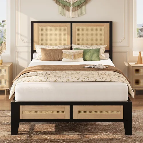 LIKIMIO Base de cama individual con cabecera de ratán, cama de plataforma bohemia con almacenamiento debajo de la cama, listones de metal sin ruido,