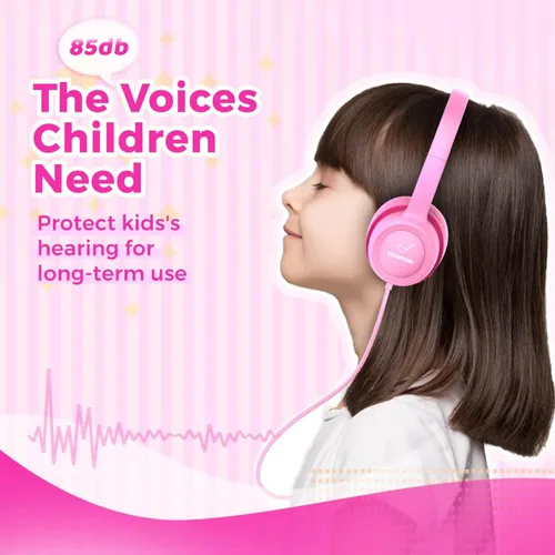 Miniatura 3 de vinamass Auriculares para niños, auriculares con cable para niños con limitador de volumen seguro, auriculares para niños con cable de 0.138 in Rosa