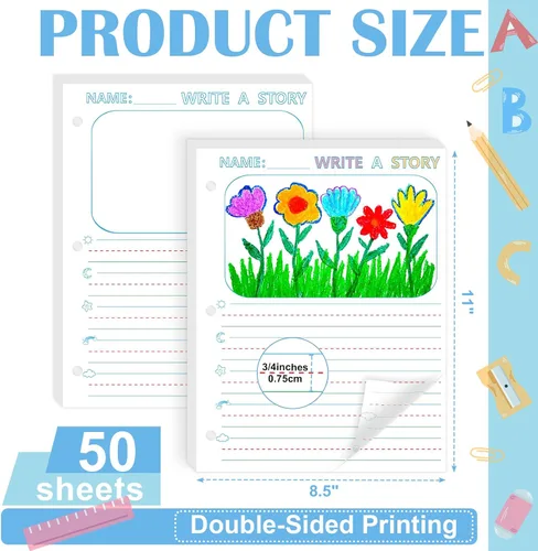 Miniatura 2 de 50 hojas de papel de escritura de historias de 8.5 x 11 pulgadas para niños, papel de dibujo y escritura de hojas sueltas de 3/4 pulgadas de regla