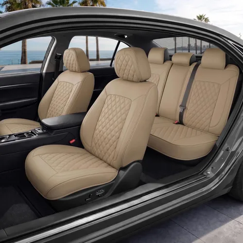 Miniatura 9 de MotorBox Haven Series - Fundas de asiento de piel de napa, para automóviles, edición Lux, fundas de asiento delantero con costuras de diamante