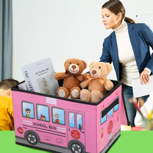 Miniatura 6 de Sweetude Caja del tesoro de autobús escolar de 2 piezas para el aula, caja plegable de almacenamiento de juguetes con tapa, organizador de tesoros