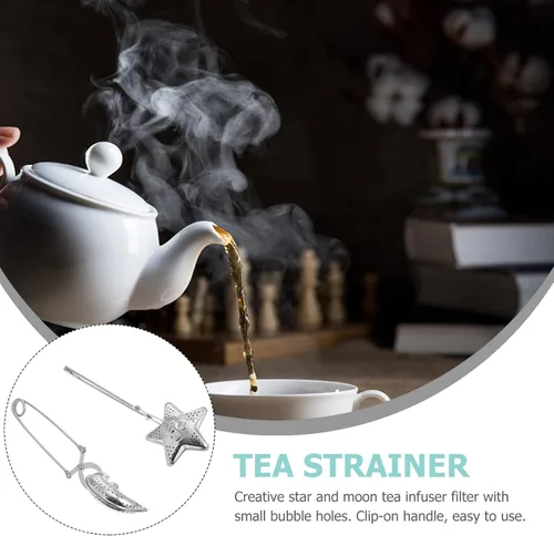 Miniatura 5 de NUOBESTY Juego de 2 infusores de té de acero inoxidable con clip de agarre largo en coladores de té en forma de estrella y luna para preparar hojas