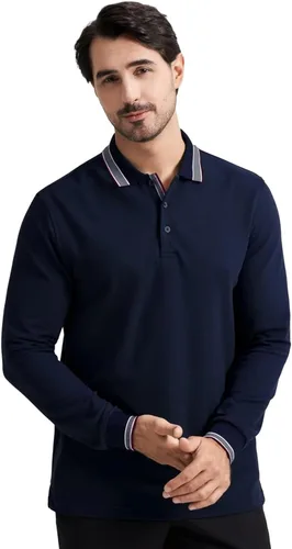 Miniatura 2 de Polo de piqué para hombre, manga larga, con punta de mezcla de algodón, casual, con cuello, ajuste clásico