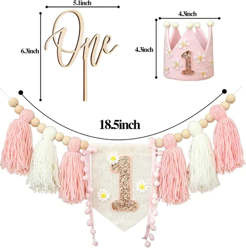 Miniatura 5 de Banner de Silla Alta con Margaritas Bohemias Primer Cumpleaños Niña Para Decoraciones de Primera Fiesta Conjunto Con Adorno de Pastel Hecho a Mano