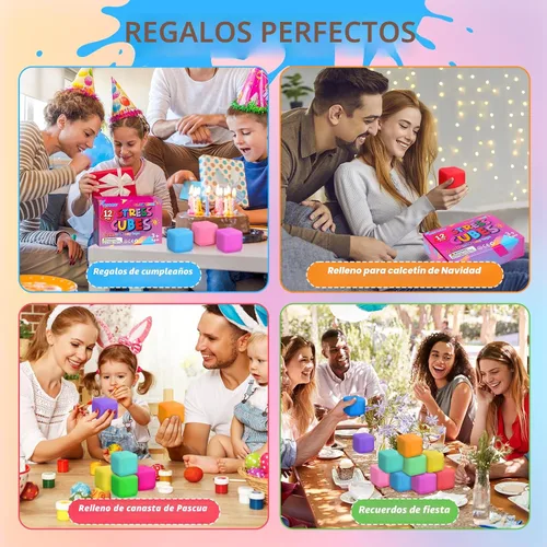 Miniatura 8 de Paquete de 12 cubos de estrés de aumento lento, bolas de estrés para masa, juguetes para aliviar la ansiedad, cubo suave, juguetes elásticos