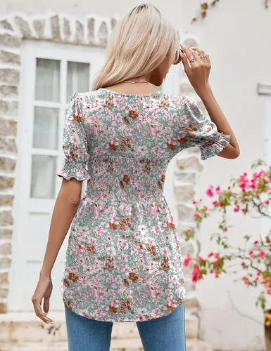 Miniatura 6 de LOMON Túnicas de mujer con cuello cuadrado, manga corta abombada, blusa peplum para mujer, camisetas 2025 primavera verano S-XL