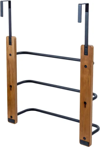 Miniatura 8 de MyGift Toallero para colgar sobre la puerta del baño, organizador rústico de almacenamiento de toallas de madera maciza quemada, barra de toalla