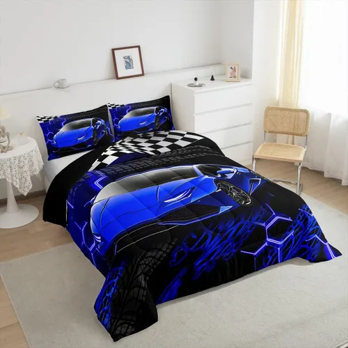 Miniatura 5 de Feelyou Juego de ropa de cama de coche de carreras para niños y niñas, tamaño individual, juego de edredón deportivo de velocidad para adolescentes