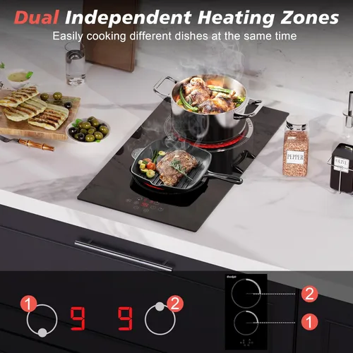 Miniatura 4 de Cocina eléctrica de 2 quemadores, 12 pulgadas, 3000 W, estufa eléctrica de cerámica de doble quemador con 9 niveles de potencia, bloqueo