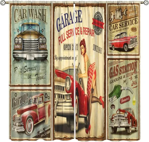 Cortinas retro para coche, vintage, garaje, niña, 1960, mecánico, clásico, letrero, impreso, cortinas de ventana para dormitorio, sala de estar, 42