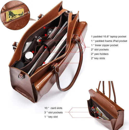 Miniatura 3 de CLUCI Maletín de negocios de cuero de 15.6 pulgadas para mujeres con 2 compartimentos con cremallera bolsa para portátil Oil Wax Leather, Business