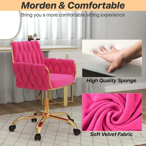 Miniatura 6 de Silla de terciopelo para oficina en casa, moderna silla de tocador de altura ajustable con base dorada y respaldo tejido a mano para dormitorio