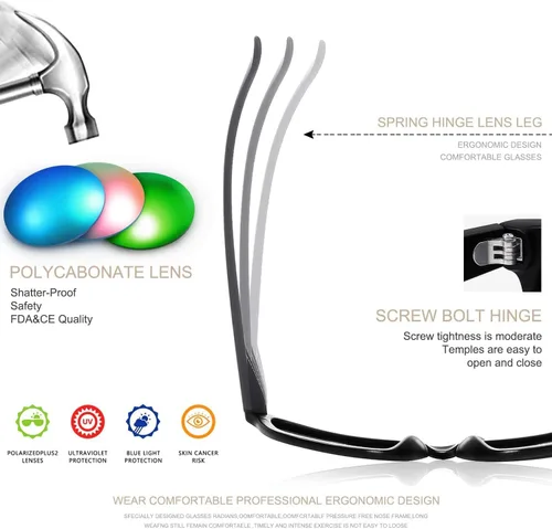 Miniatura 18 de FEIDUSUN Lentes de sol polarizados para hombre y mujer, lentes de sol retro negros para conducir, pescar, protección UV