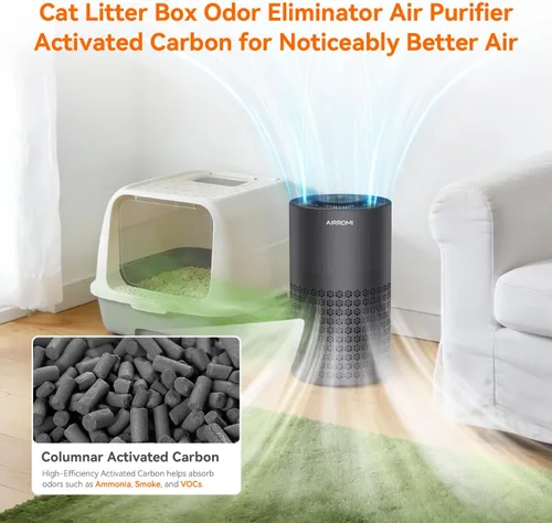 Miniatura 4 de Purificador de aire AIRROMI para dormitorio con filtro HEPA 3-en-1, purificador de aire para mascotas para el olor a orina de gato en el hogar, Negro