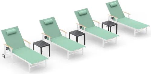 Miniatura 16 de Ciokea Sillón para exteriores con almohada, tumbona de aluminio de 5 posiciones con ruedas y reposabrazos, silla de piscina resistente de 400 libras