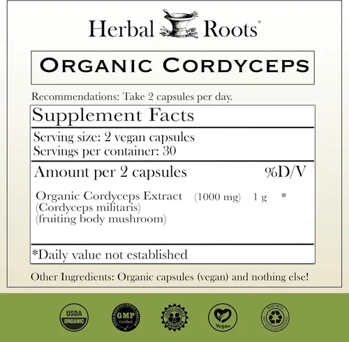 Miniatura 2 de Herbal Roots Organic Cordyceps - Cápsulas de hongos con extracto corporal fructífero - Apoyo inmunológico y energético - 60 cápsulas veganas