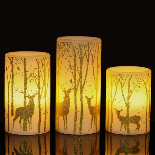 Miniatura 13 de Velas de Navidad sin llama con calcomanías de reno plateado, paquete de 3 velas LED de vidrio a pilas con temporizador remoto, velas de pilar