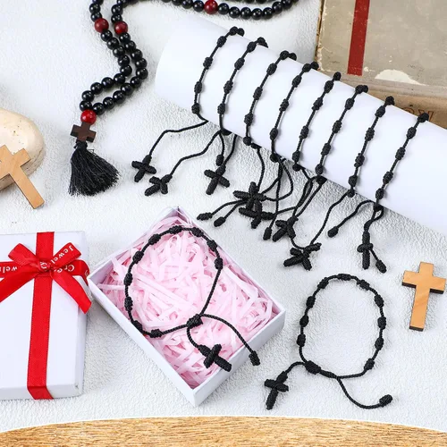 Miniatura 4 de Otuuz 24 pulseras de rosario católico negro hechas a mano con cruz de rosario para hombres y mujeres, 10 nudos con recuerdos de mano de bautizo