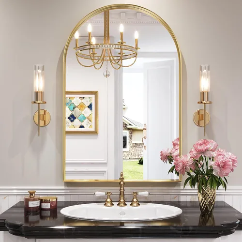 Miniatura 26 de Brightify - Espejo arqueado dorado de 24 x 32 pulgadas, espejo de pared con marco de metal de latón para baño, espejo arqueado superior para tocador