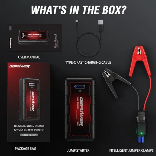 Miniatura 7 de DBPOWER Arrancador de auto portátil 2500A pico 74Wh (motores de hasta 10L de gasolina/8L de diésel) 12V paquete de batería portátil con cables