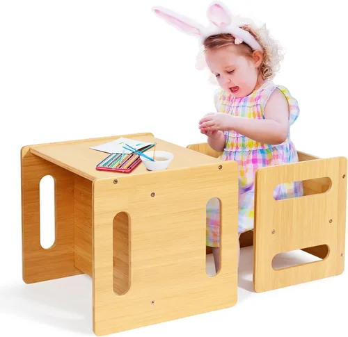 Juego de mesa y silla para niños, mesa y silla de destete Montessori, silla de escritorio pequeña de bambú natural, juego de mesa de actividades y