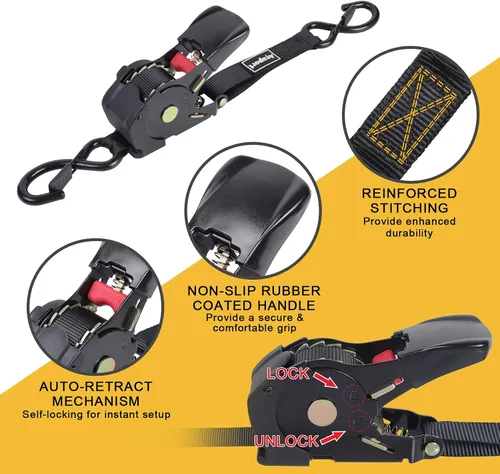 Miniatura 3 de Ayaport Correas de trinquete retráctiles de 1 pulgada x 12.5 pies – Correas de trinquete resistentes de 1200 libras de resistencia a la rotura