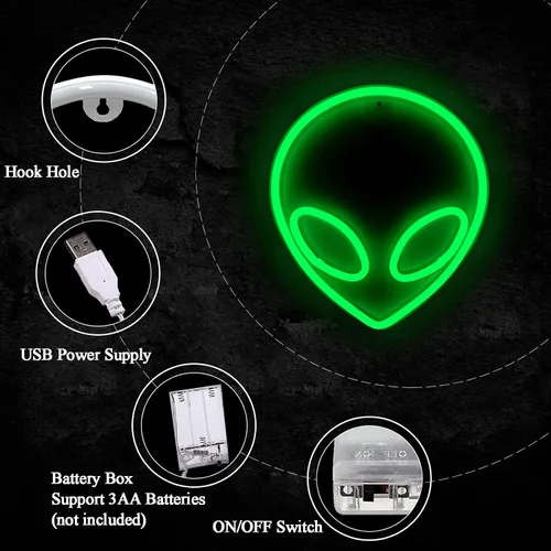 Miniatura 2 de Letrero de neón alienígena LED verde con luces de neón USB/funciona con pilas, letrero de luces alienígenas genial para decoración de pared