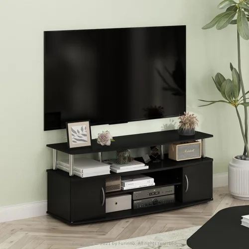 Miniatura 4 de Furinno Soporte de entretenimiento para TV de hasta 55 pulgadas y mesas auxiliares (2 piezas), americano/negro y cromado
