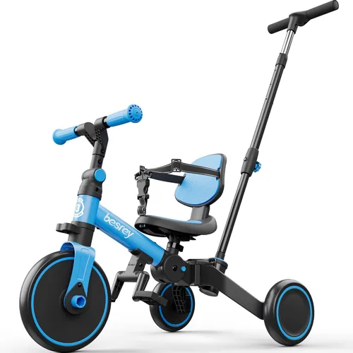 Miniatura 13 de besrey Bicicleta 5 en 1 para niños pequeños con mango de dirección para padres para niñas y niños de 1 a 3 años, triciclo plegable para niños, Azul