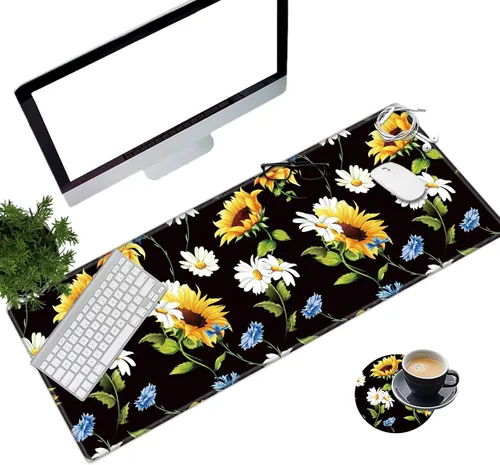 Miniatura 12 de Alfombrilla de mouse extendida grande para videojuegos, 31.5 x 11.8 pulgadas, alfombrilla antideslizante para mouse con bordes cosidos, portavasos